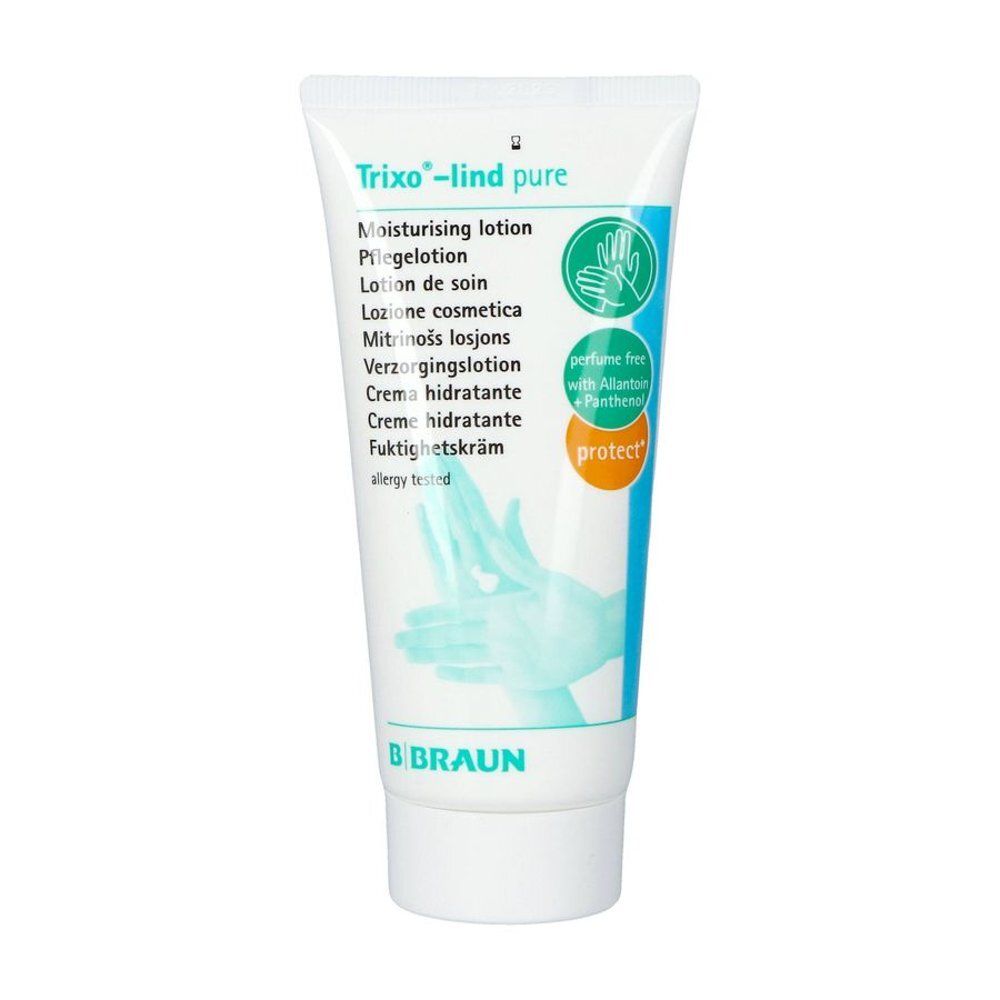 Witte tube Braun Trixo®-lind pure. Opschrift: Verzorgingslotion. Met allantoïne en panthenol. Parfumvrij.
