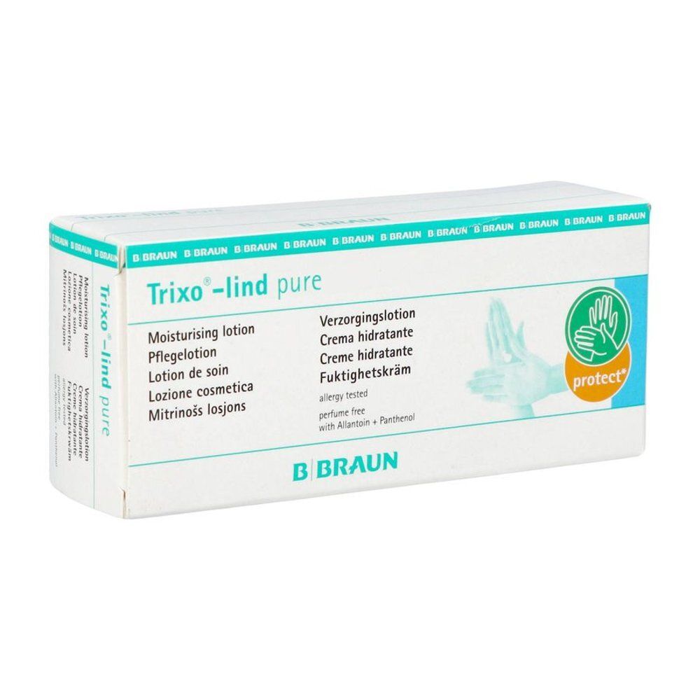 Doos Braun Trixo®-lind pure. Opschrift: Verzorgingslotion. Met allantoïne en panthenol. Parfumvrij.