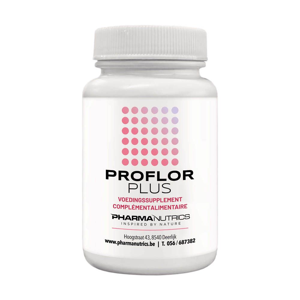 Witte fles met roze stippen en opschrift PROFLOR PLUS. Bevat voedingssupplement van PharmaNutrics.