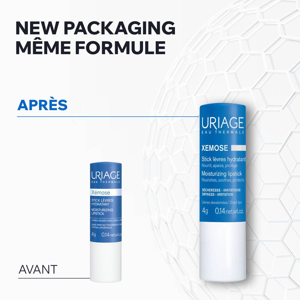 Comparaison avant-après. Stick lèvres URIAGE Xémose. Même formule, nouveau design.