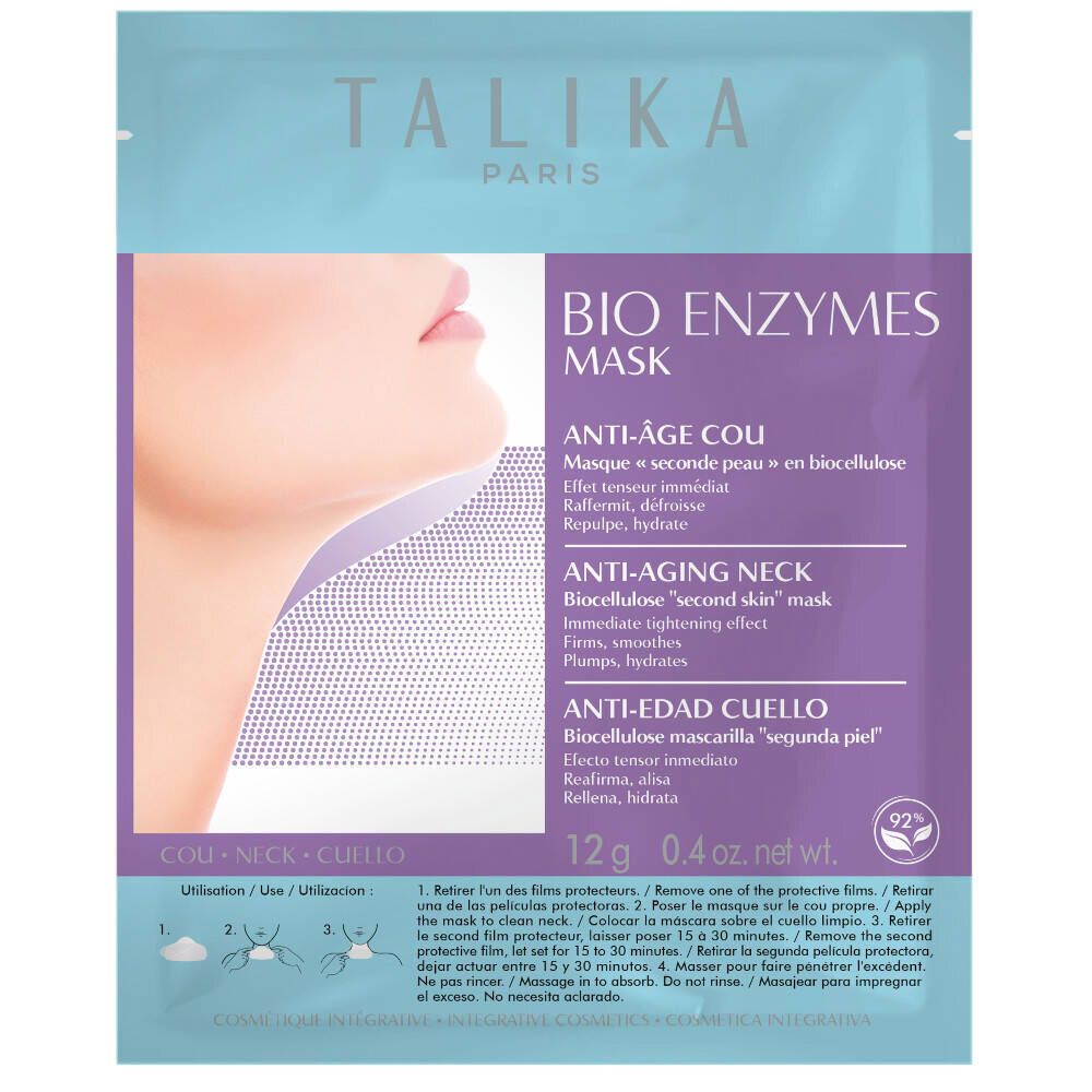 Paquet de TALIKA Bio Enzymes Mask Anti-Âge Cou. Nom du produit, description et instructions d'utilisation.