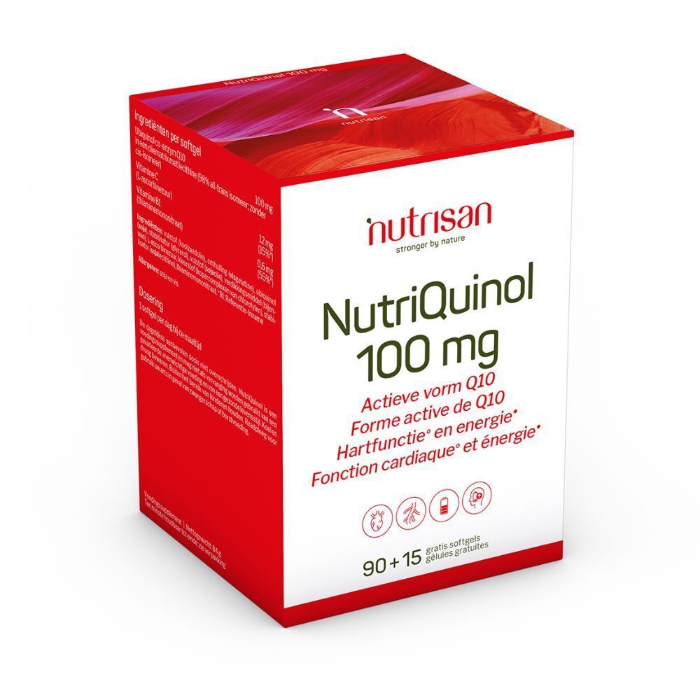 Rode en witte doos NutriQuinol 100 mg. Bevat 90+15 softgels. Logo's en productinfo.