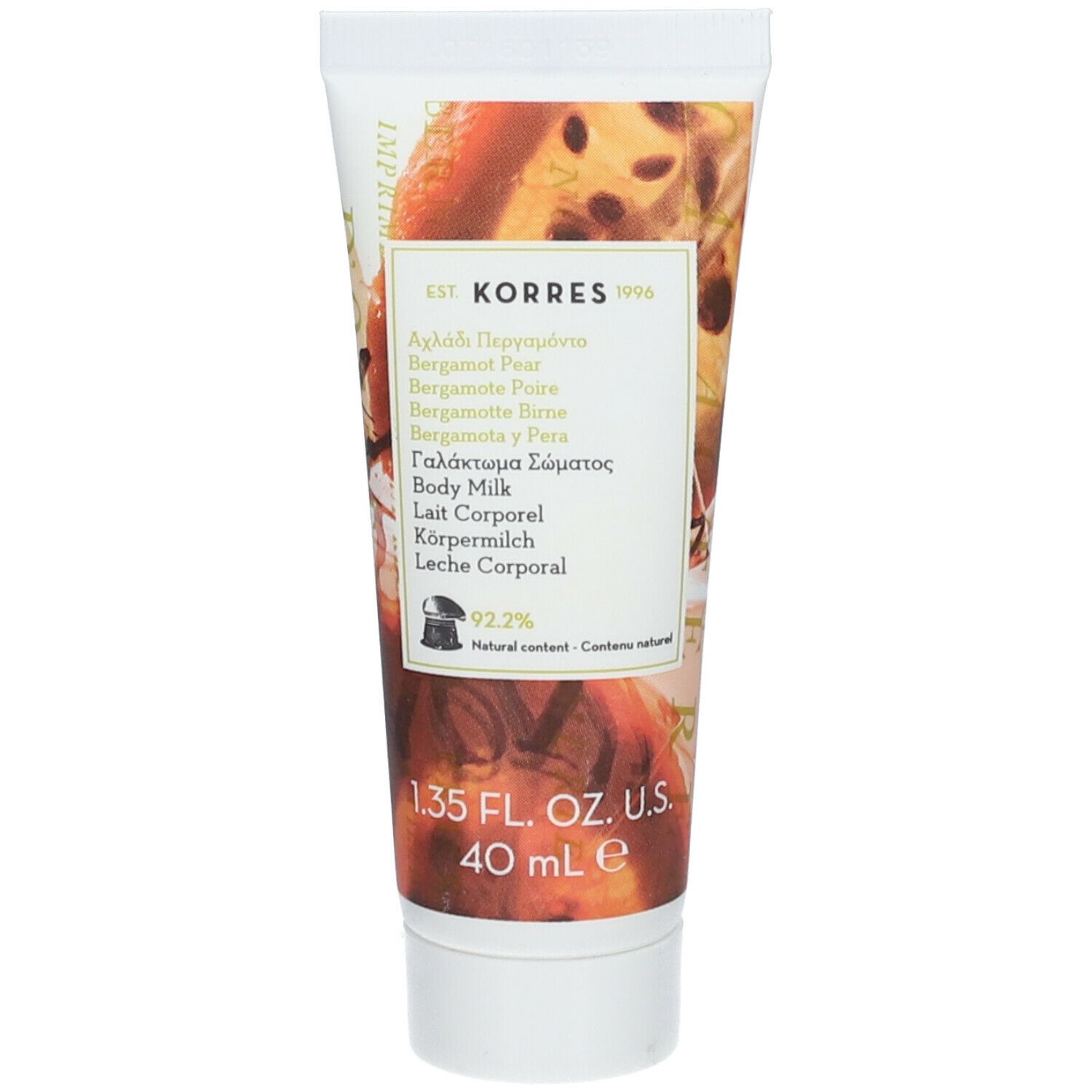 KORRES® bodylotion. Witte tube met info en afbeelding. Opschrift: Bergamotte Peer, 40 ml.