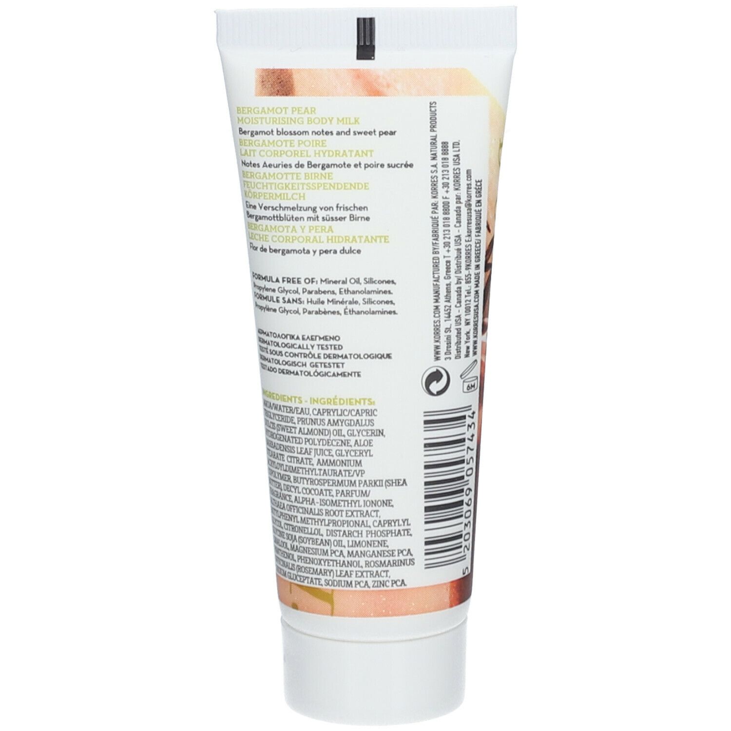 Achterkant KORRES® bodylotion tube. Tekst met ingrediënten en fabrikantinfo. Witte tube.
