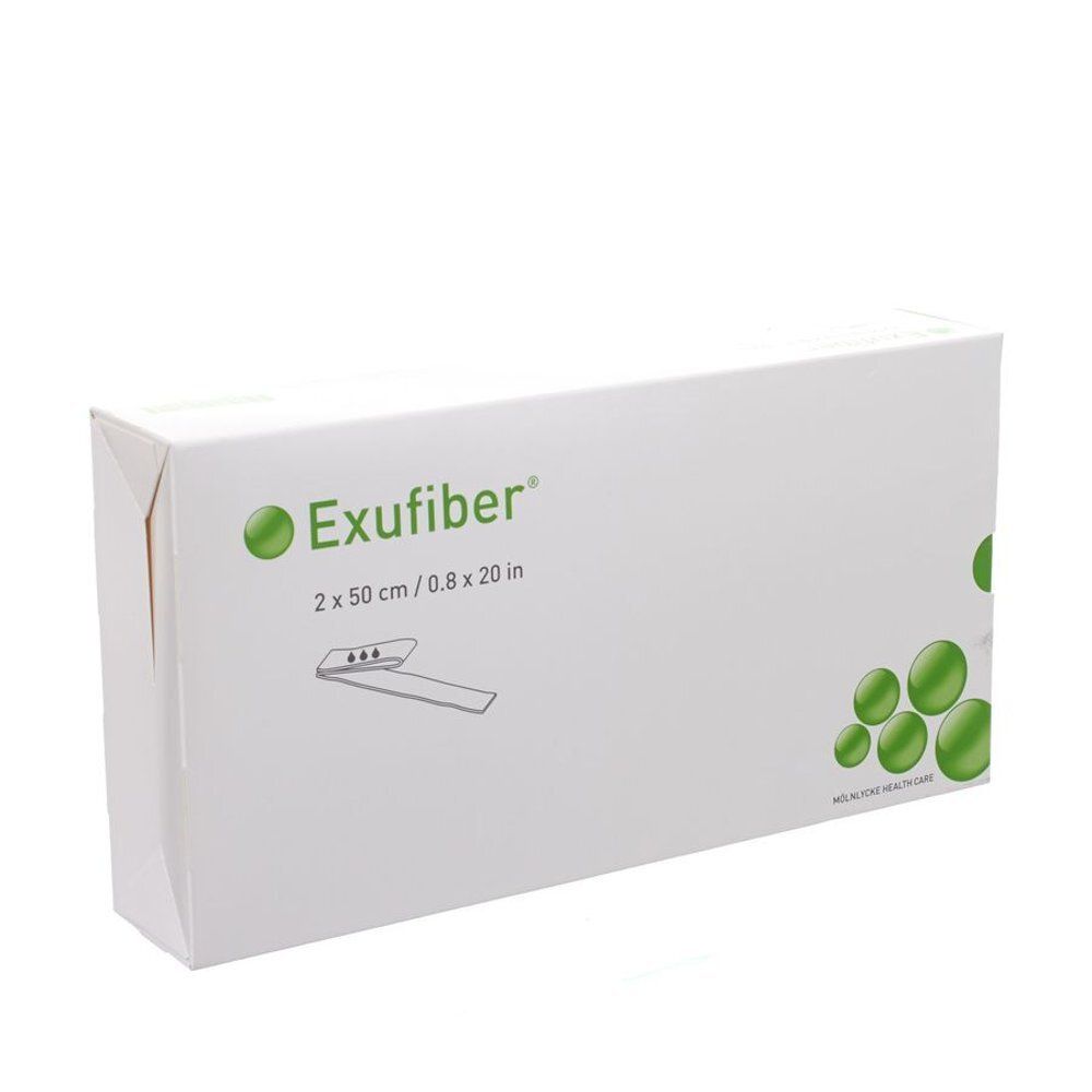 Witte verpakking met groen logo "Exufiber" en productinformatie. Illustratie van product en groene cirkels.