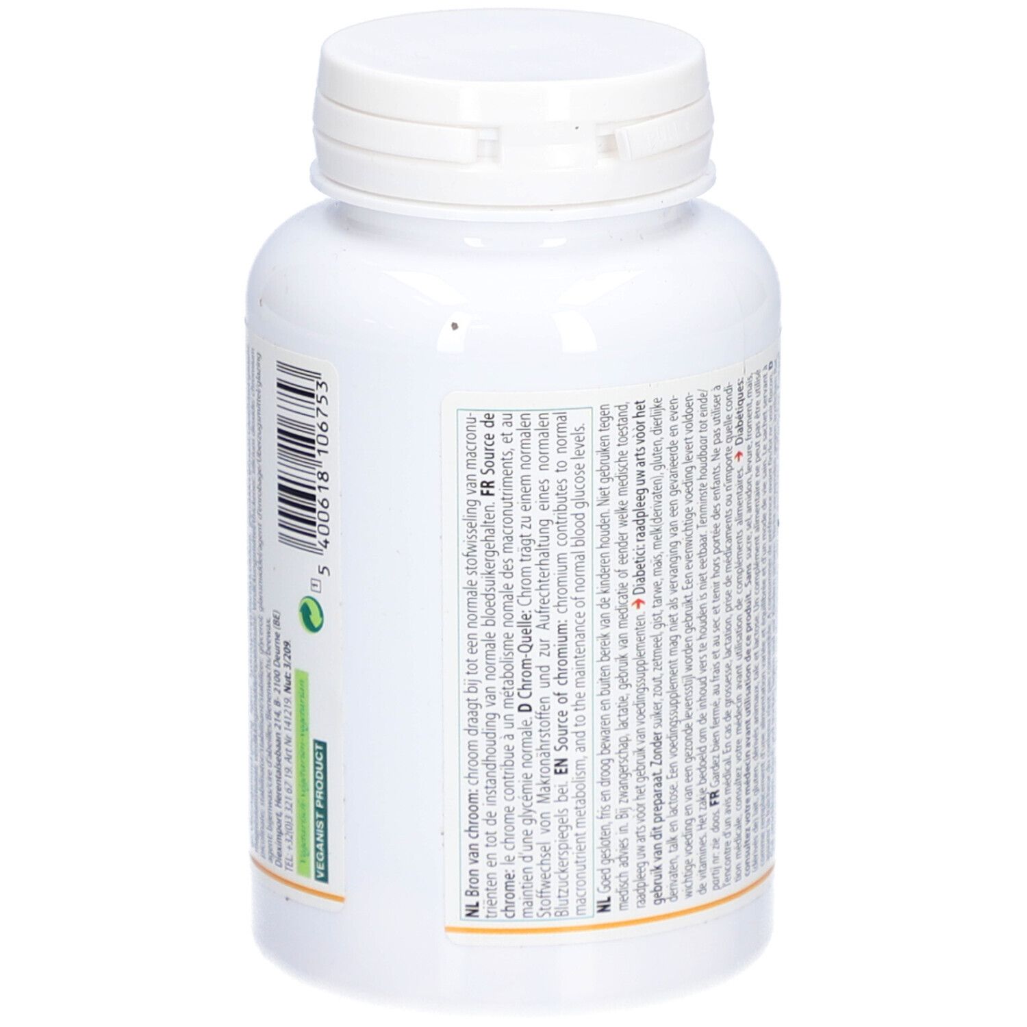 Dos d'un flacon blanc avec bouchon à vis. Texte en plusieurs langues. Inscription : Altisa Vitamins Chromium 180 µg comprimés.