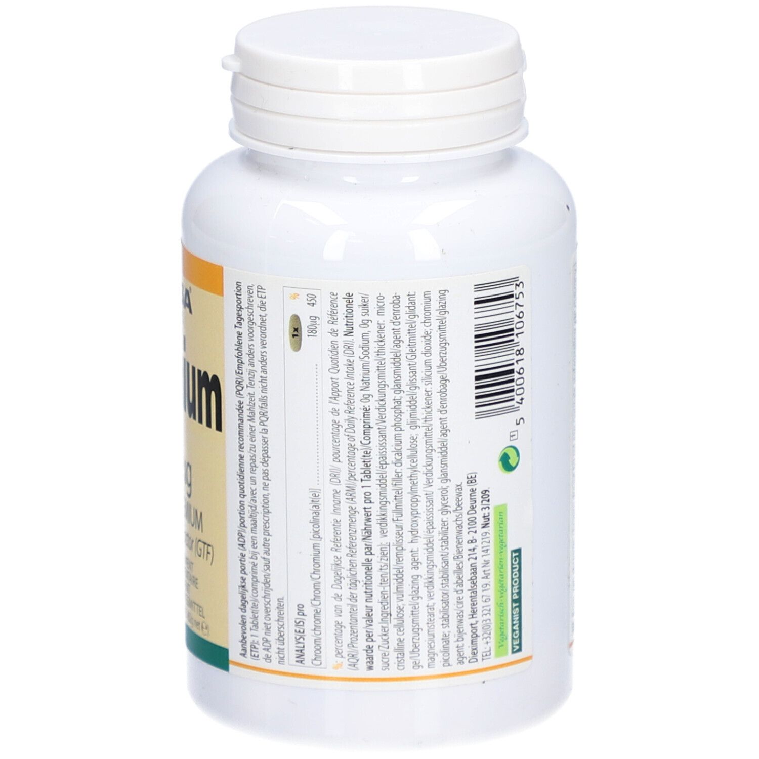 Dos d'un flacon blanc avec bouchon à vis. Texte en plusieurs langues. Inscription : Altisa Vitamins Chromium 180 µg comprimés.