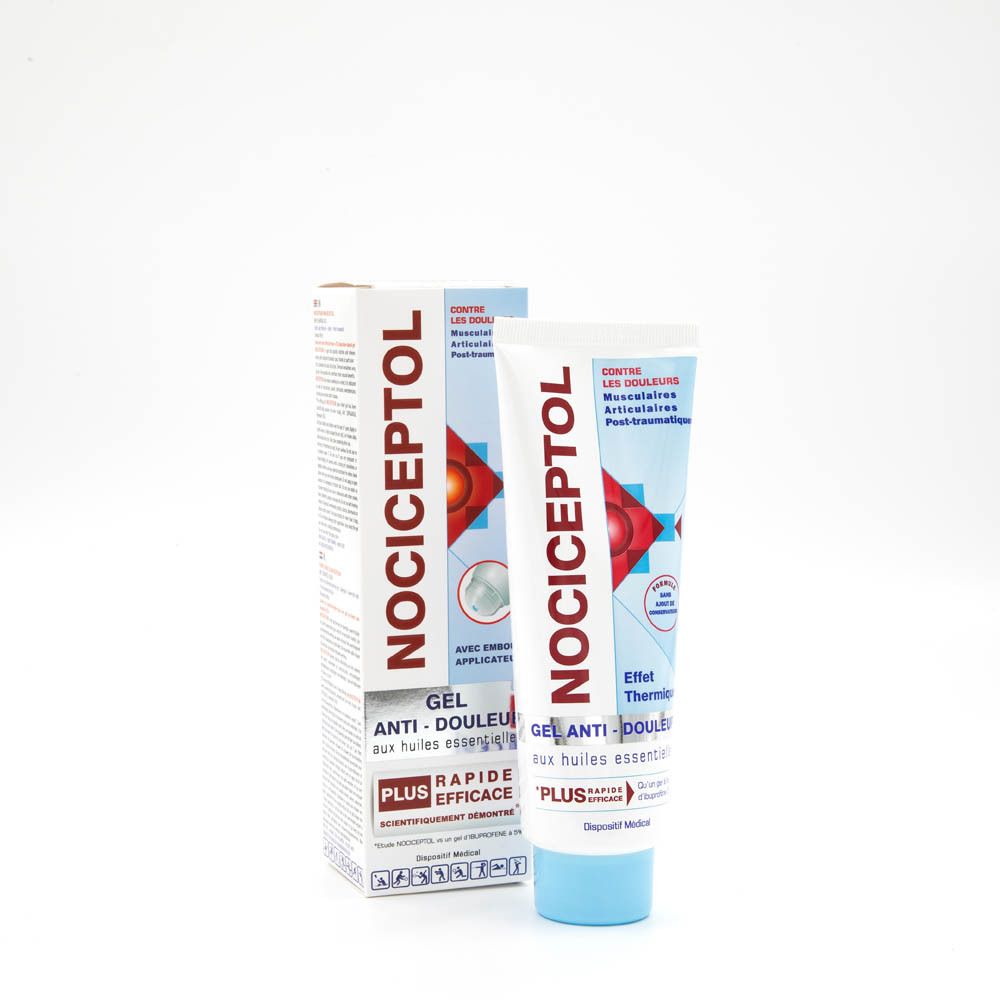 Tube en doosje NOCICEPTOL gel. Tube en doosje: wit, blauw. Tekst: Gel anti-douleur aux huiles essentielles.