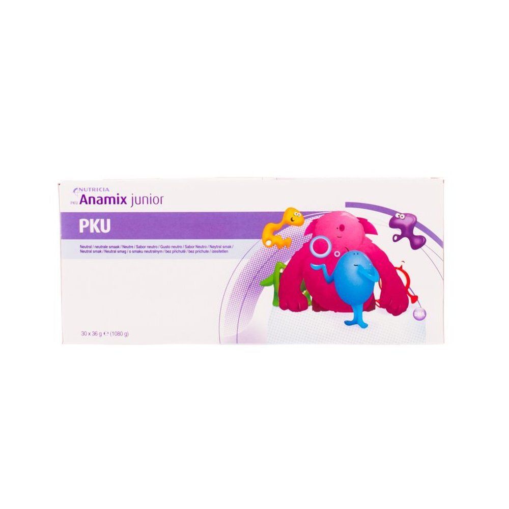Emballage de Milupa Pku Anamix Junior Neutral. Boîte blanche avec accents violets et illustrations enfantines. Texte: Anamix junior, PKU.