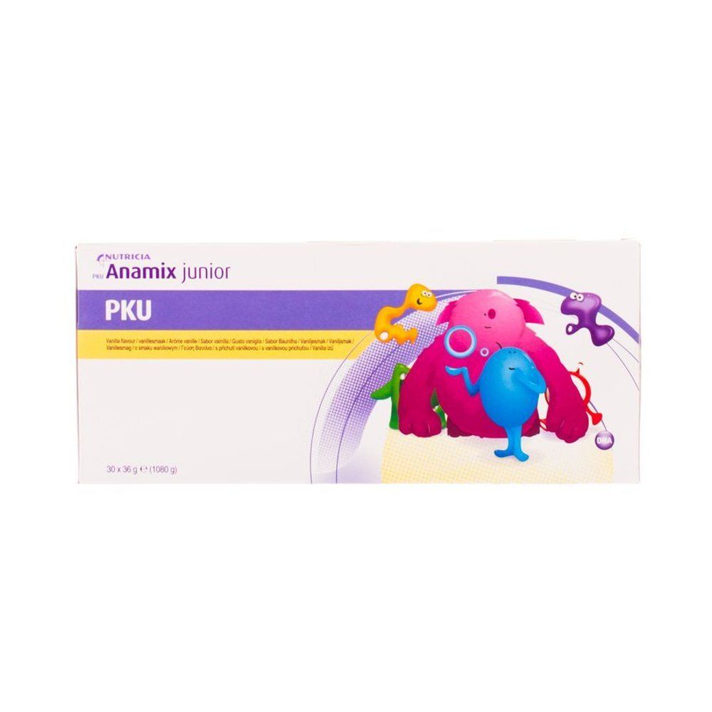 Emballage de Milupa Pku Anamix Junior Vanille. Blanc, avec des accents violets et jaunes. Contient des illustrations.