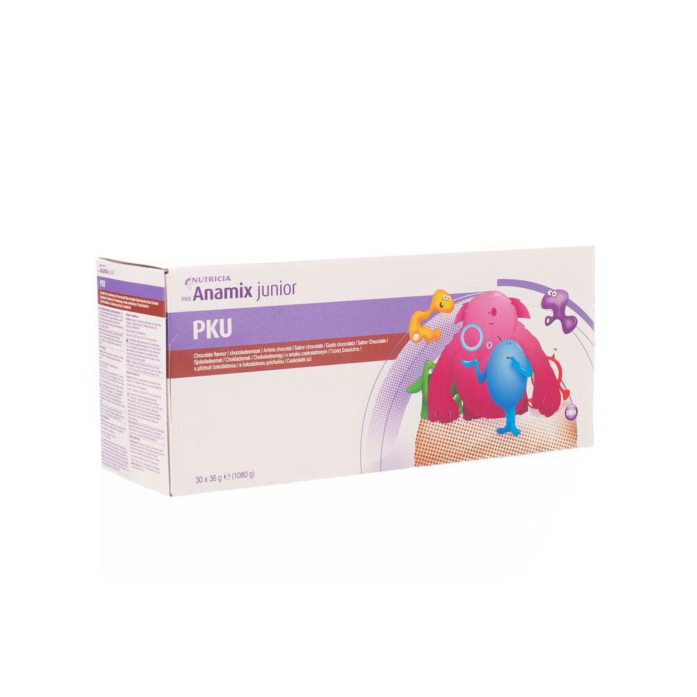 Nutricia Anamix Junior PKU Chocolade verpakking met kleurrijke speelgoedfiguren.