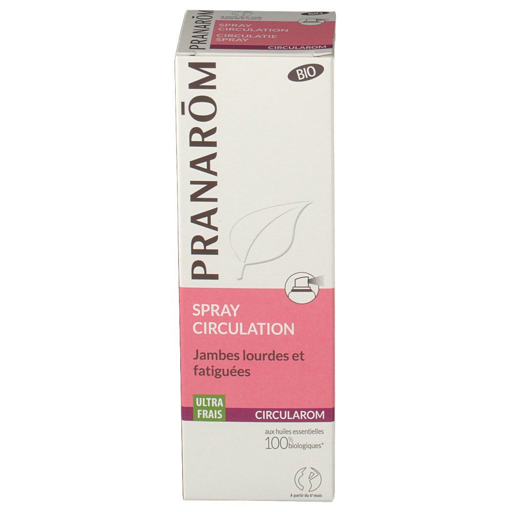 Boîte blanche et rose. Texte: PRANAROM, SPRAY CIRCULATION, Jambes lourdes et fatiguées. Label Bio. CIRULAROM.