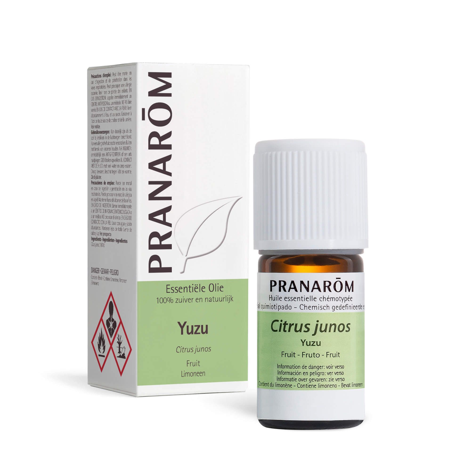 Bruine glazen fles met witte dop. PRANAROM Yuzu. Productinfo en logo.