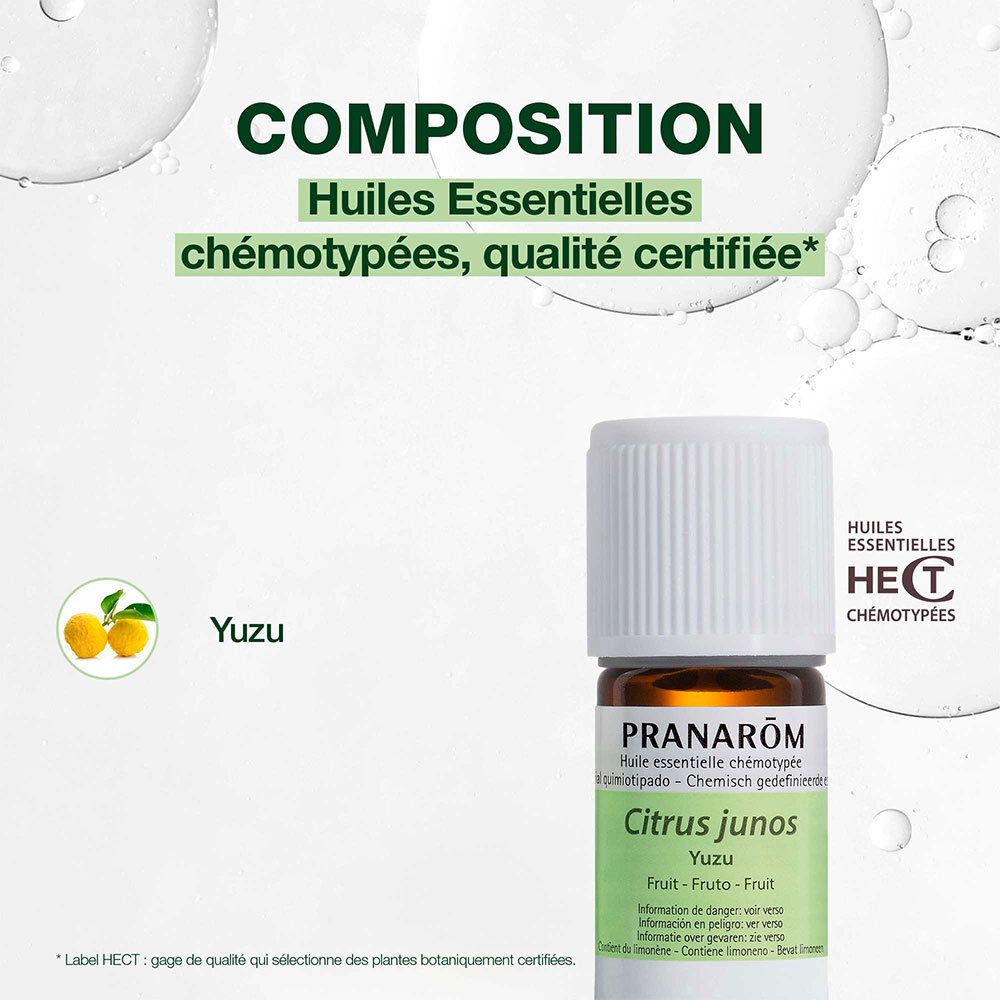 Flacon en verre brun, bouchon blanc. PRANAROM Yuzu. Informations et symboles de danger.