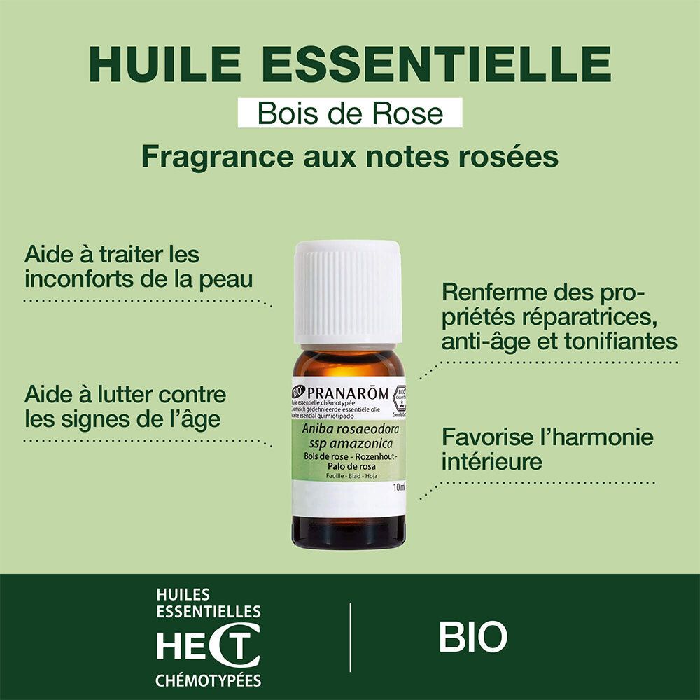 Flacon en verre brun avec bouchon blanc. Étiquette avec informations produit. Inscription : 10 ml.