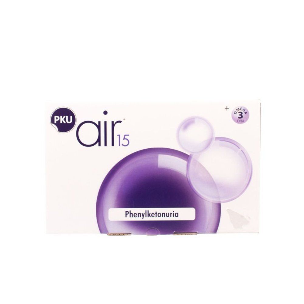 Emballage de PKU air 15. Blanc, avec éléments violets et bleus. Inscriptions : PKU, air 15, Phénylcétonurie, Omega 3 DHA.