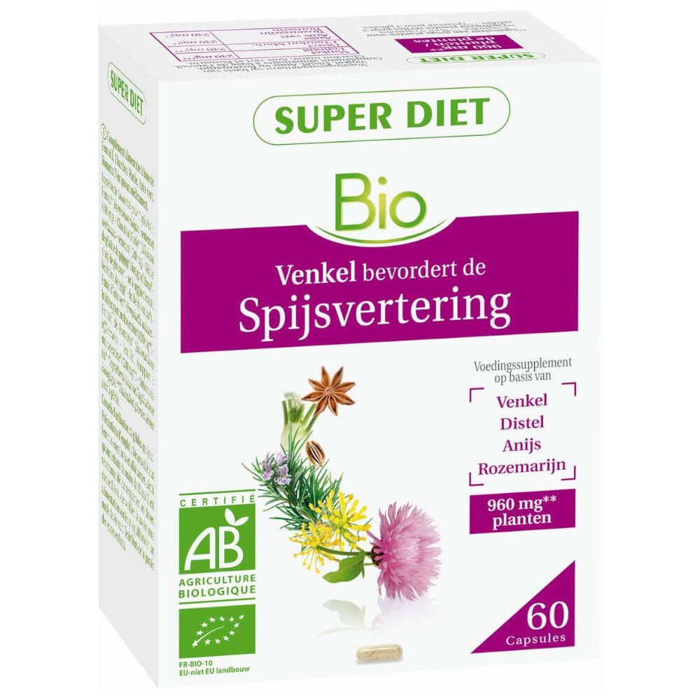 Witte doos met "Super Diet Bio". Bevat 60 capsules. AB Bio-certificering. Tekst in het Nederlands.