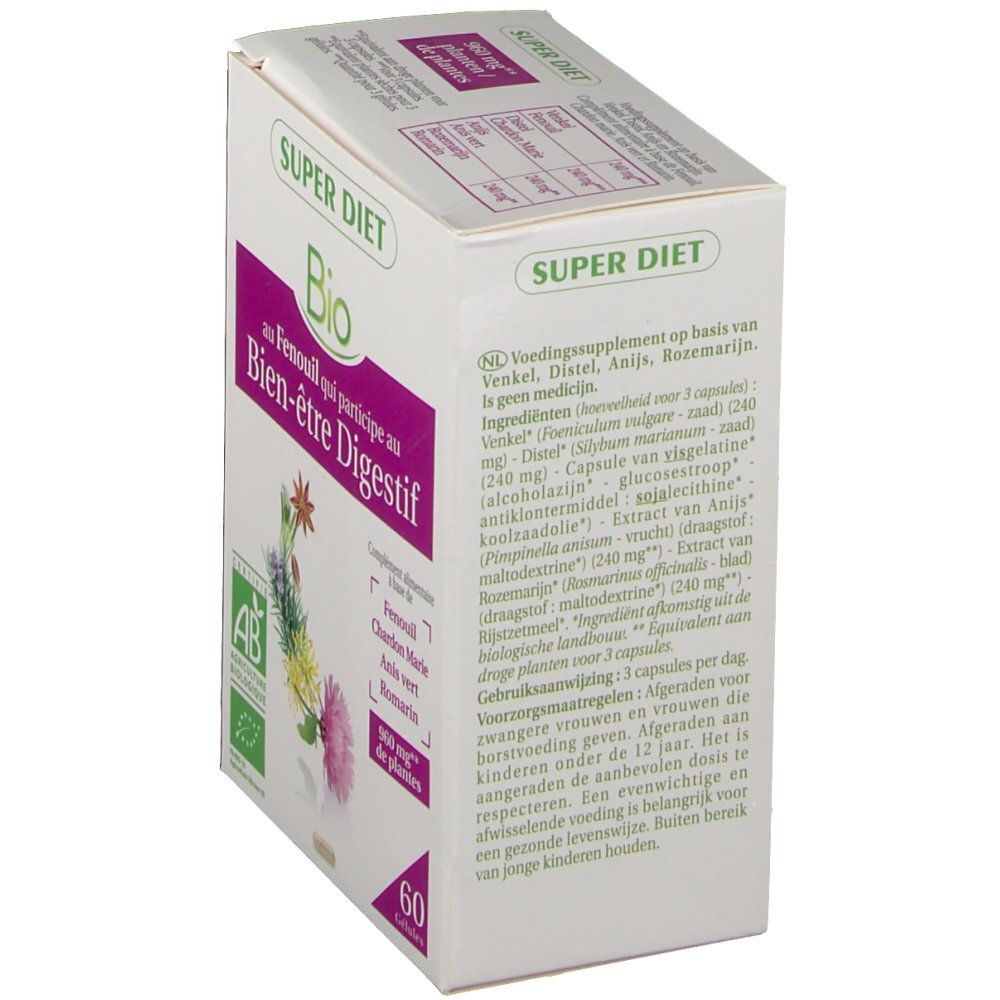 Witte doos met tekst in het Nederlands. Bevat informatie over ingrediënten en gebruik. AB Bio-certificering.