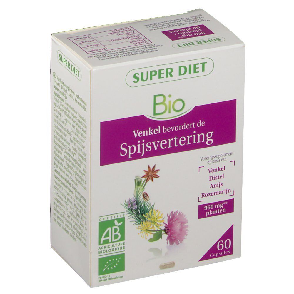 Witte doos met "Super Diet Bio". Bevat 60 capsules. AB Bio-certificering. Tekst in het Nederlands.