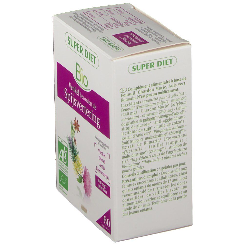 Witte doos met tekst in het Nederlands. Bevat informatie over ingrediënten en gebruik. AB Bio-certificering.