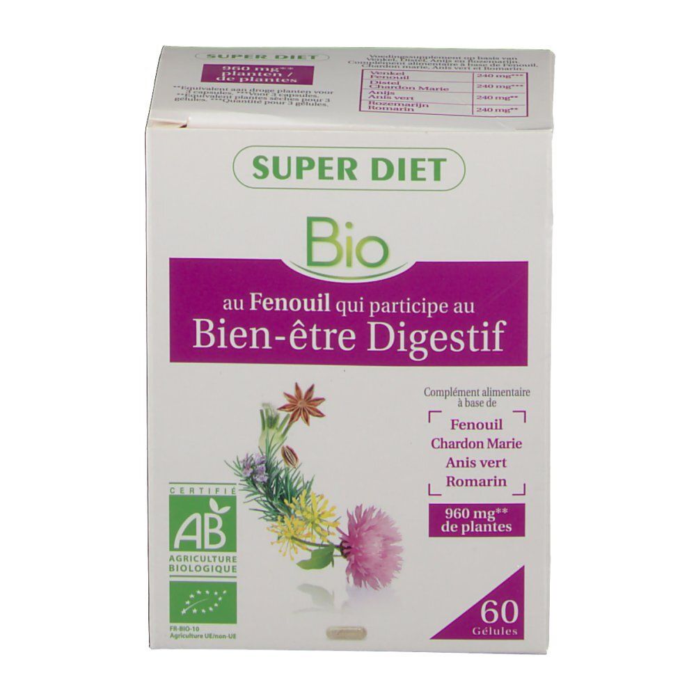 Witte doos met "Super Diet Bio". Bevat 60 capsules. AB Bio-certificering. Tekst in het Frans.