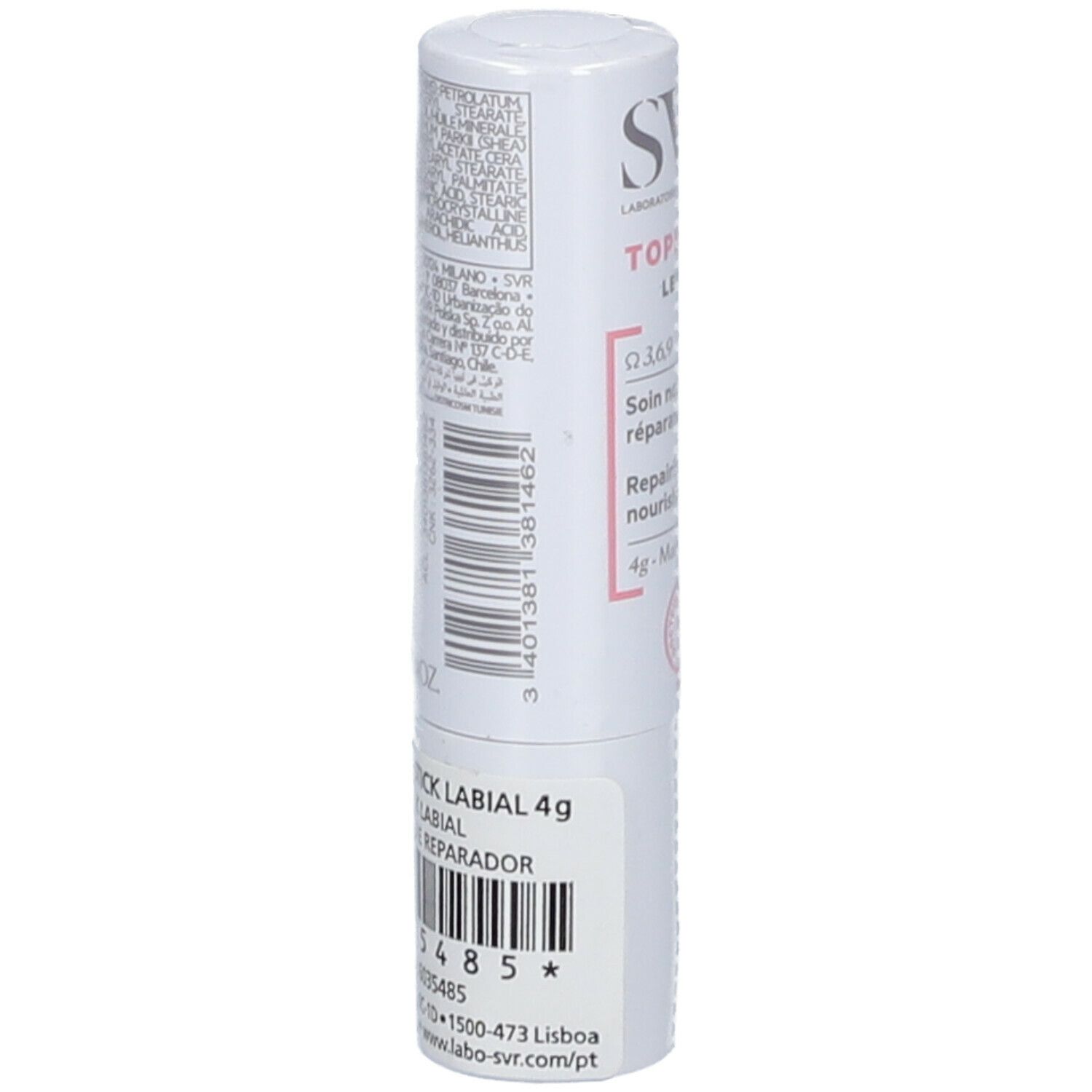 SVR Topialyse Lèvres 4 g. Stick à lèvres blanc avec texte et code-barres. Dos avec ingrédients et informations du fabricant.