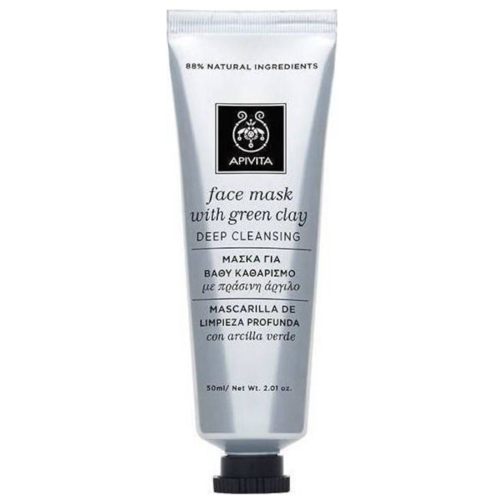 Tube argentée avec bouchon noir. Inscription : face mask with green clay, Deep Cleansing. Marque : Apivita. 88% ingrédients naturels.