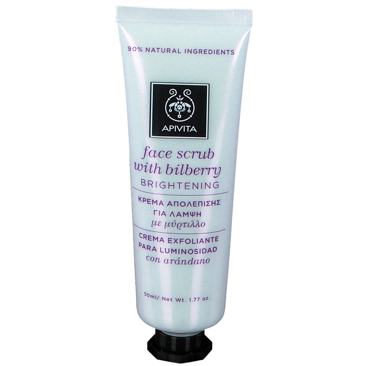 Tube de gommage visage Apivita. Inscription : face scrub with bilberry, brightening. Contient 90% d'ingrédients naturels.