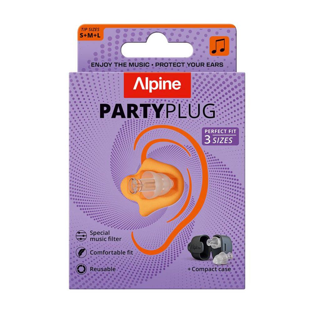 Verpakking met Alpine PartyPlug oordopjes. Bevat oordopjes, gehoorbescherming en een opbergdoosje. 3 maten.