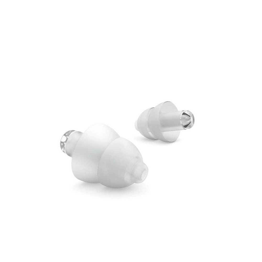Twee witte oordopjes. Ze hebben een transparant filter en een conische vorm.