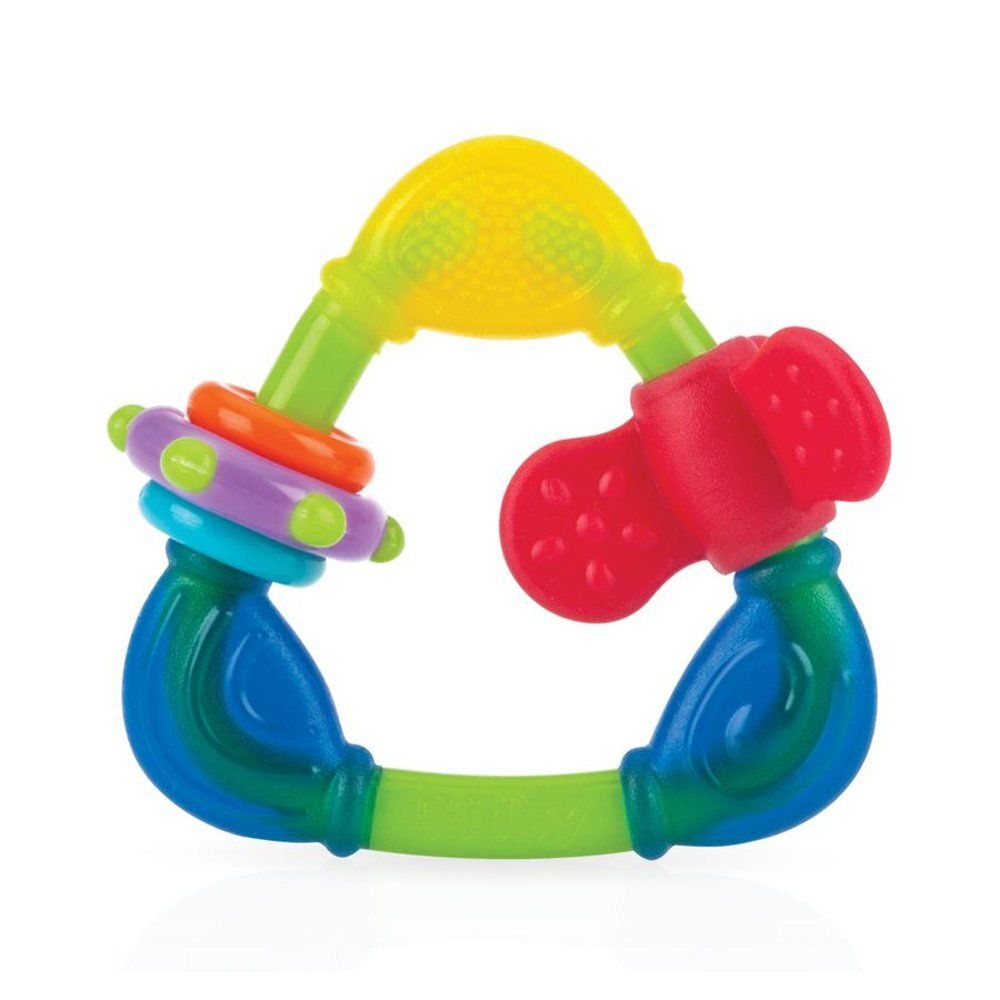 Veelkleurige bijtring in driehoekvorm. Bestaat uit verschillende gekleurde elementen. Geel, rood, groen en blauw. Verschillende texturen.