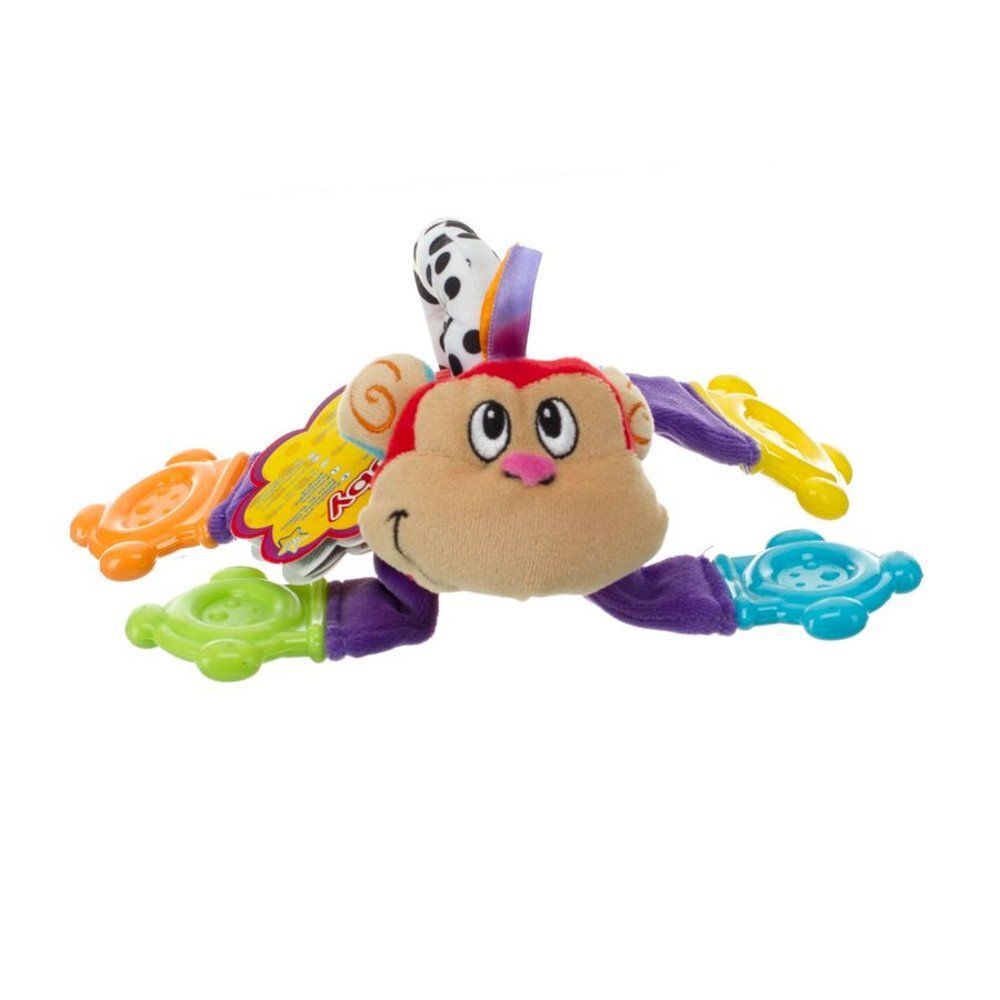 Nuby Floppers Teether. Jouet multicolore avec visage de singe et éléments colorés. Différentes formes et textures.