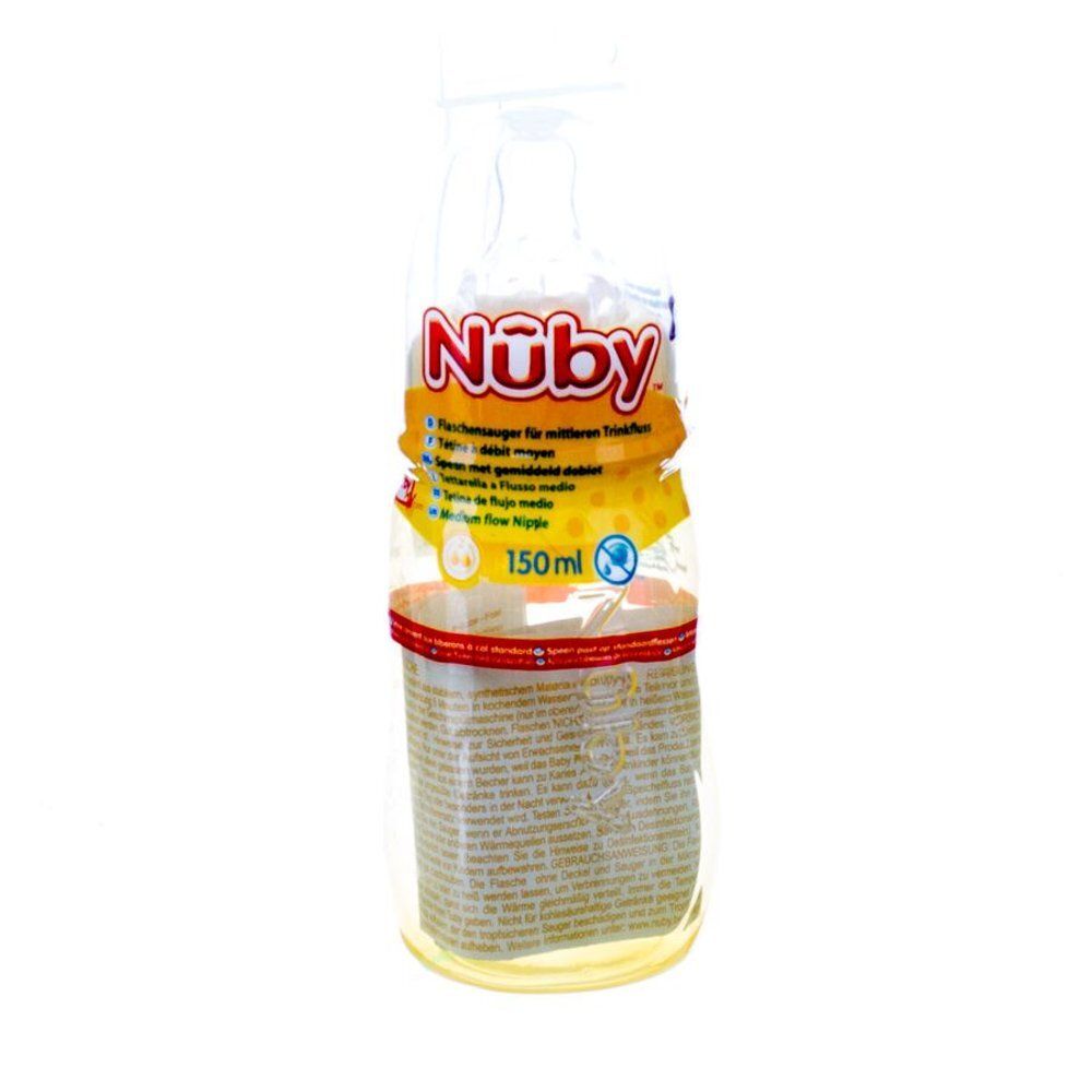 Biberon dans son emballage. La marque Nuby est visible. Texte sur l'emballage en plusieurs langues. 150 ml.