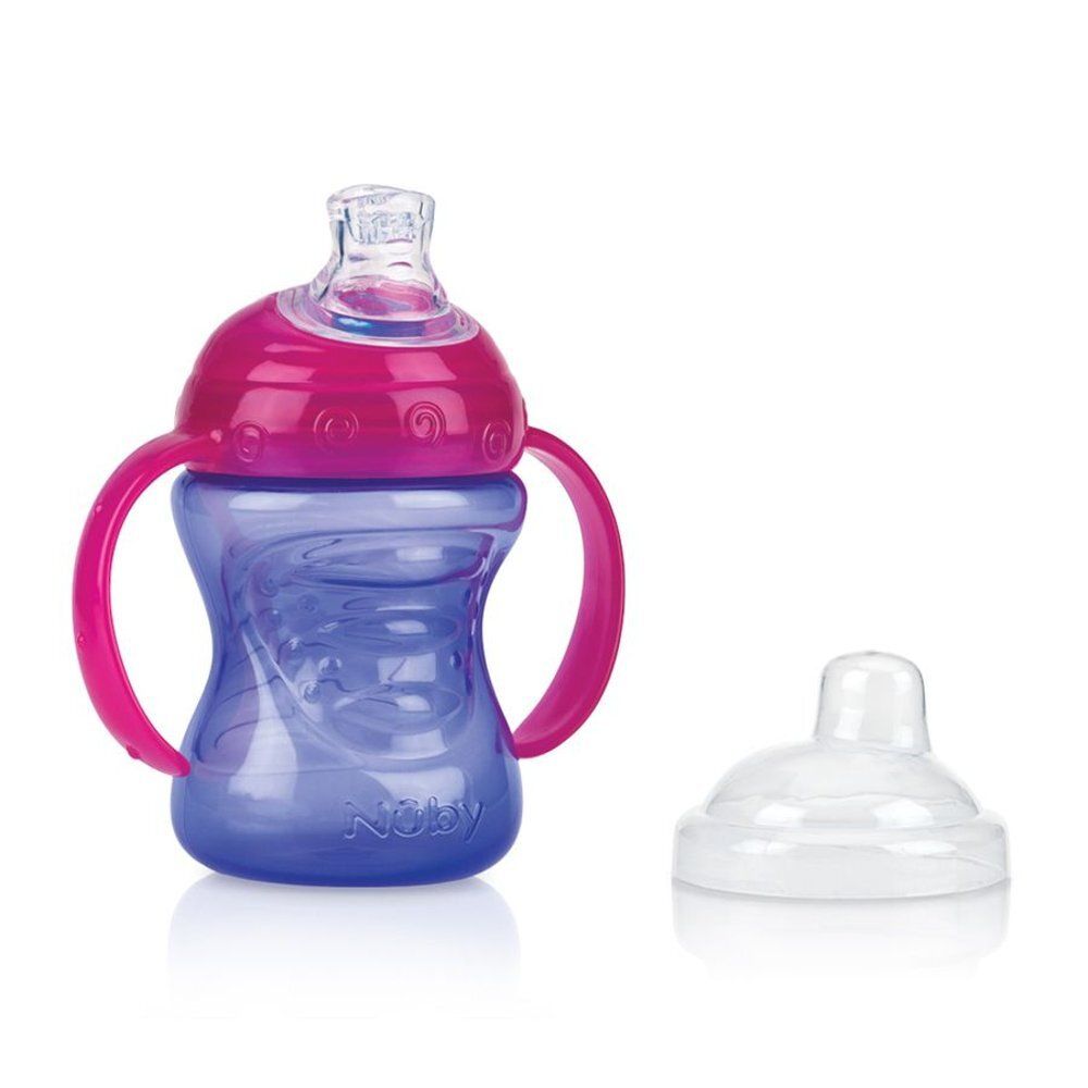 Paarse Nuby Easygrip-beker met roze handvatten en deksel. Aparte, transparante deksel ernaast.