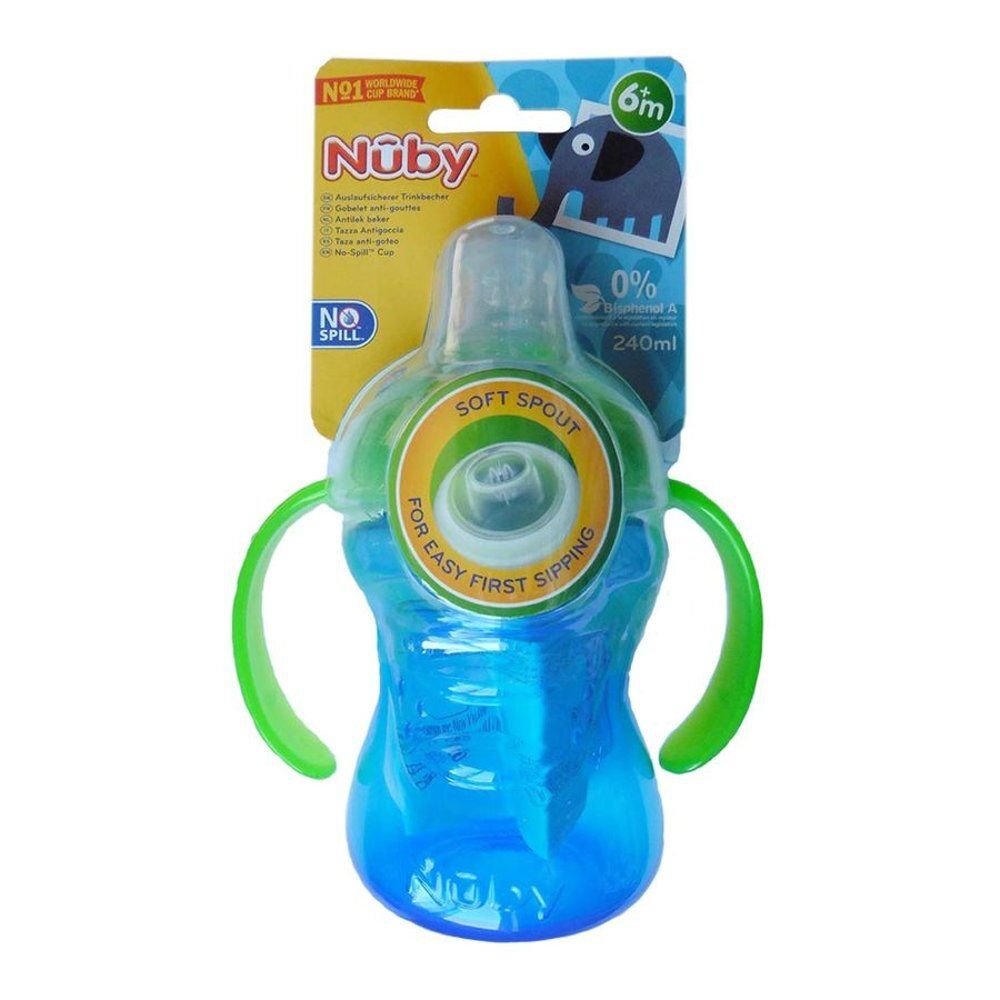 Blauwe Nuby Easygrip-beker in verpakking. Met groene deksel en handvatten. Tekst: Soft Spout, 6m, 240ml.