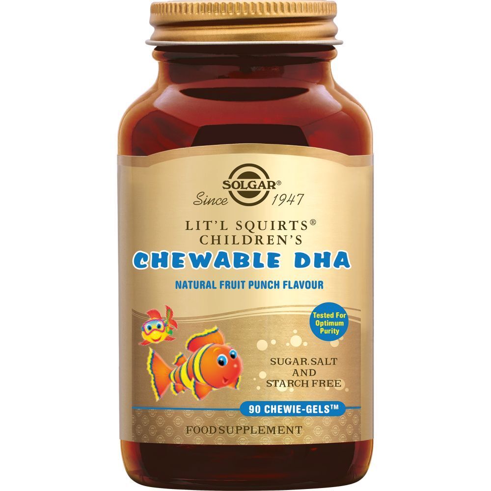 Bruine glazen fles met gouden dop. Etiket met productnaam, visillustratie en tekst: 90 Chewie Gels.