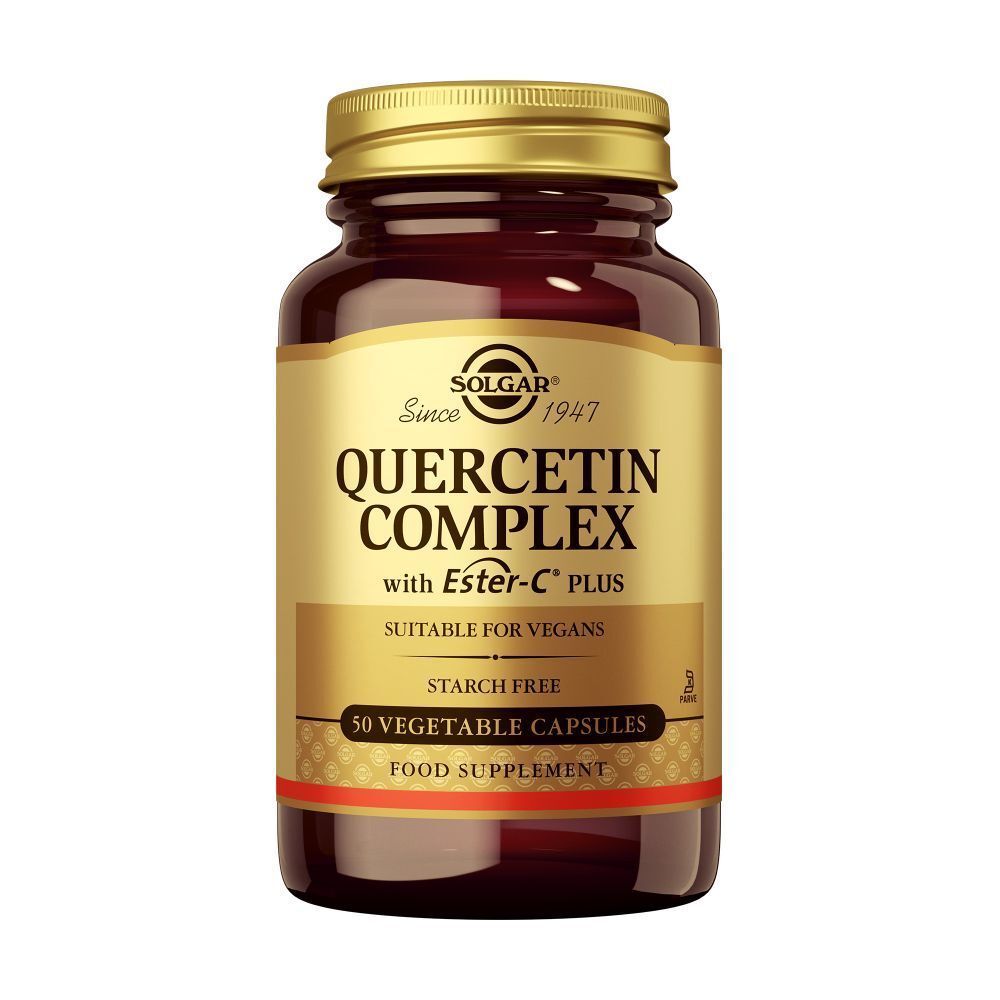 Flacon en verre brun avec bouchon doré. Étiquette avec texte: Quercetine Complexe, Ester-C, 50 gélules.