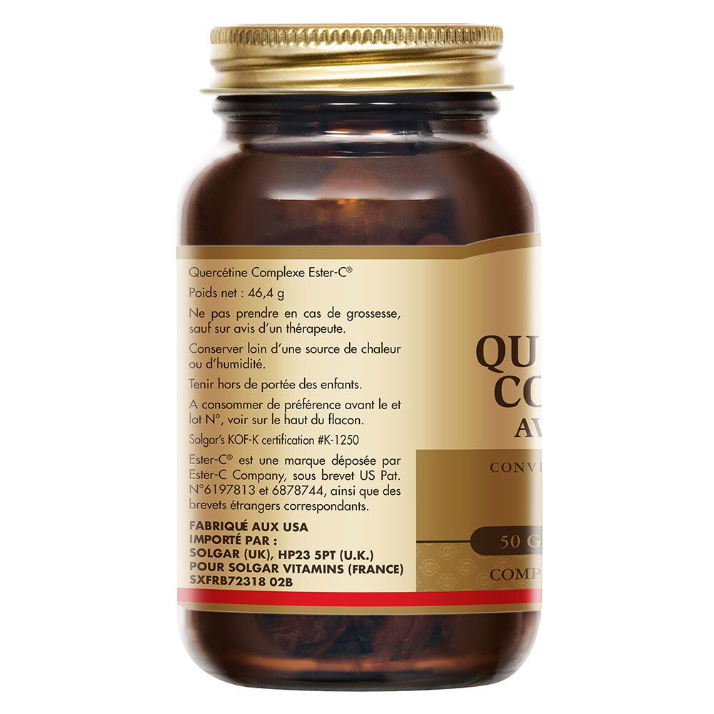 Dos du flacon. Texte: Quercetine Complexe Ester-C, ingrédients, mode d'emploi, fabricant.