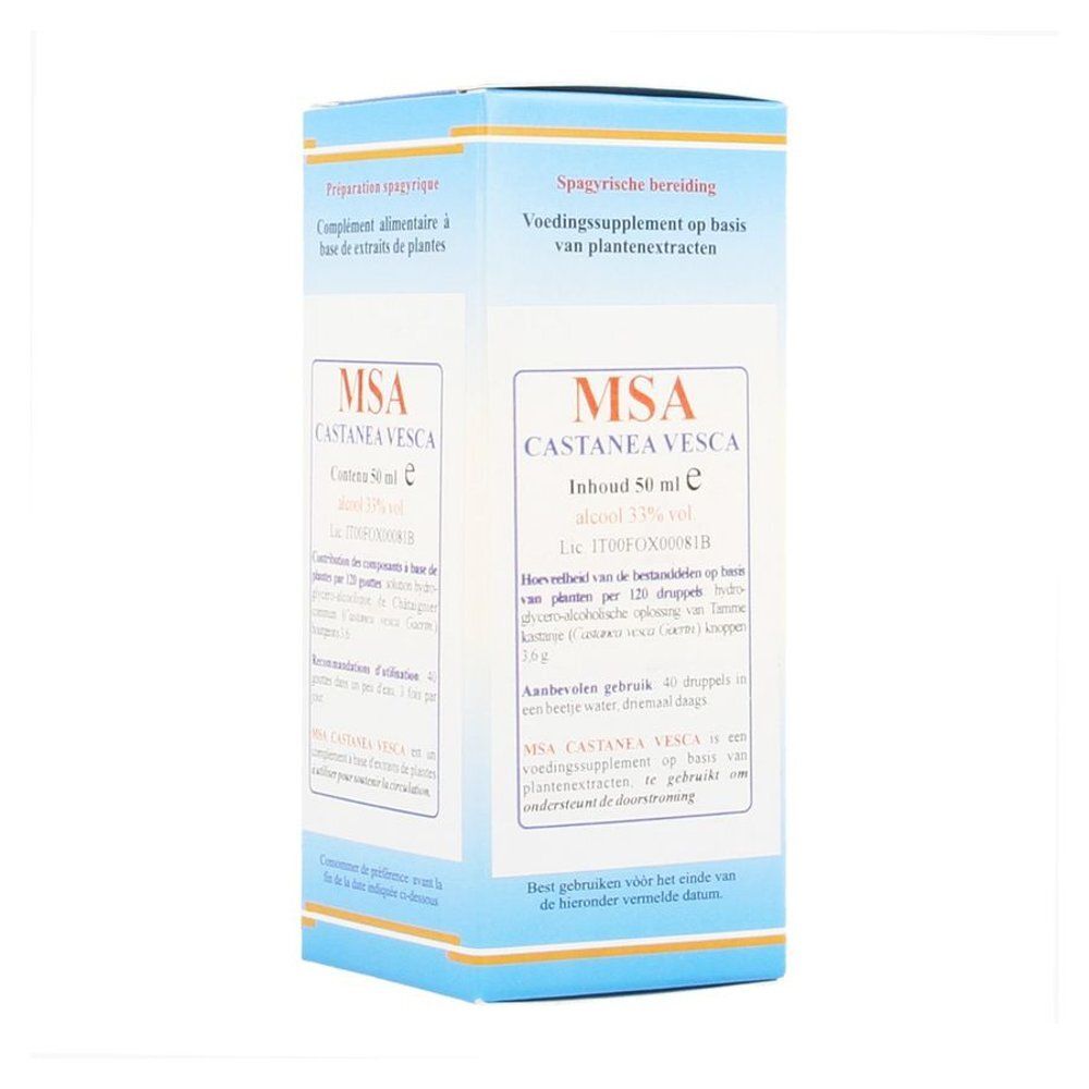Boîte blanche avec texte bleu. Inscription: MSA CASTANEA VESCA, contenu 50 ml. Complément alimentaire à base d'extraits de plantes.