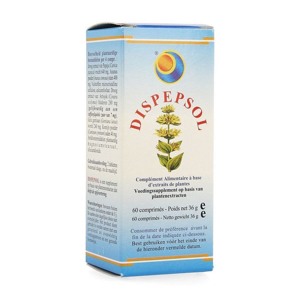 Kartonnen verpakking met productnaam DISPEPSOL. Bevat 60 tabletten. Opschrift: Voedingssupplement op basis van plantenextracten.