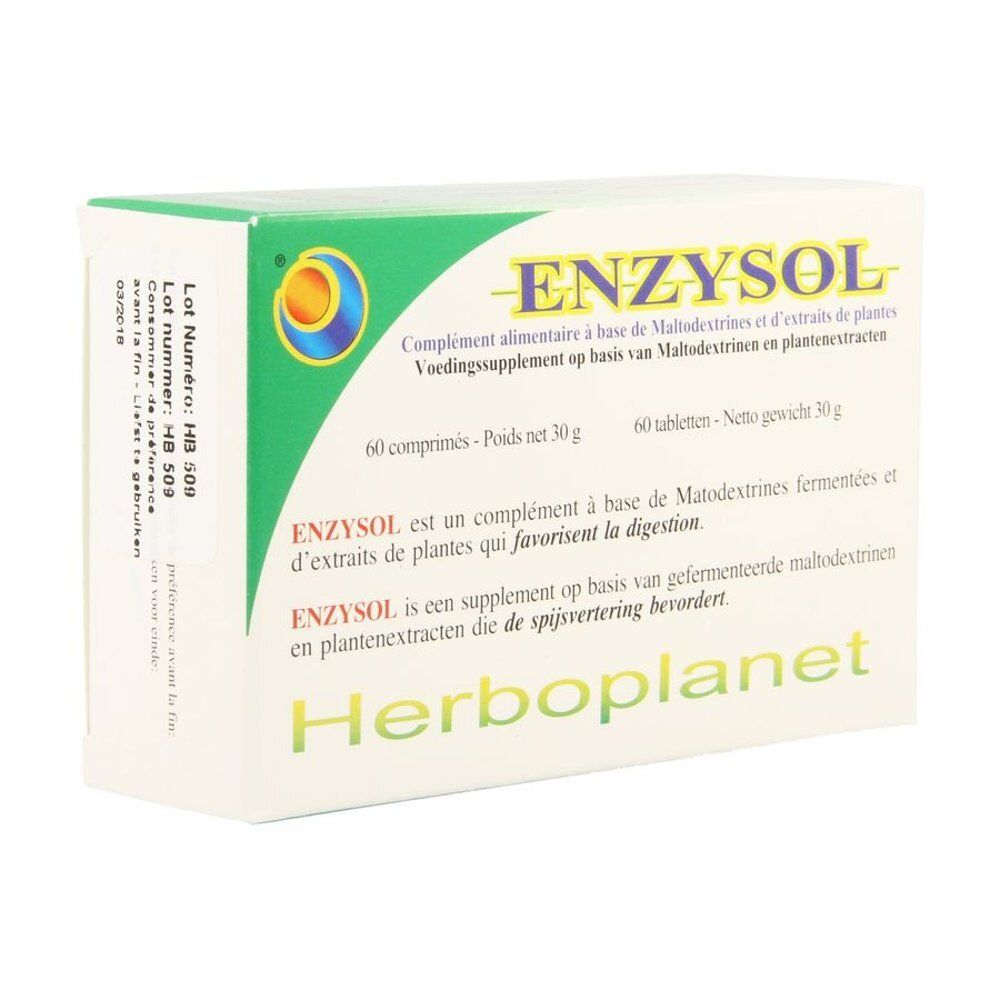 Witte doos met groene accenten. Opschrift ENZYSOL en Herboplanet. Bevat 60 tabletten. Tekst in het Frans en Nederlands.