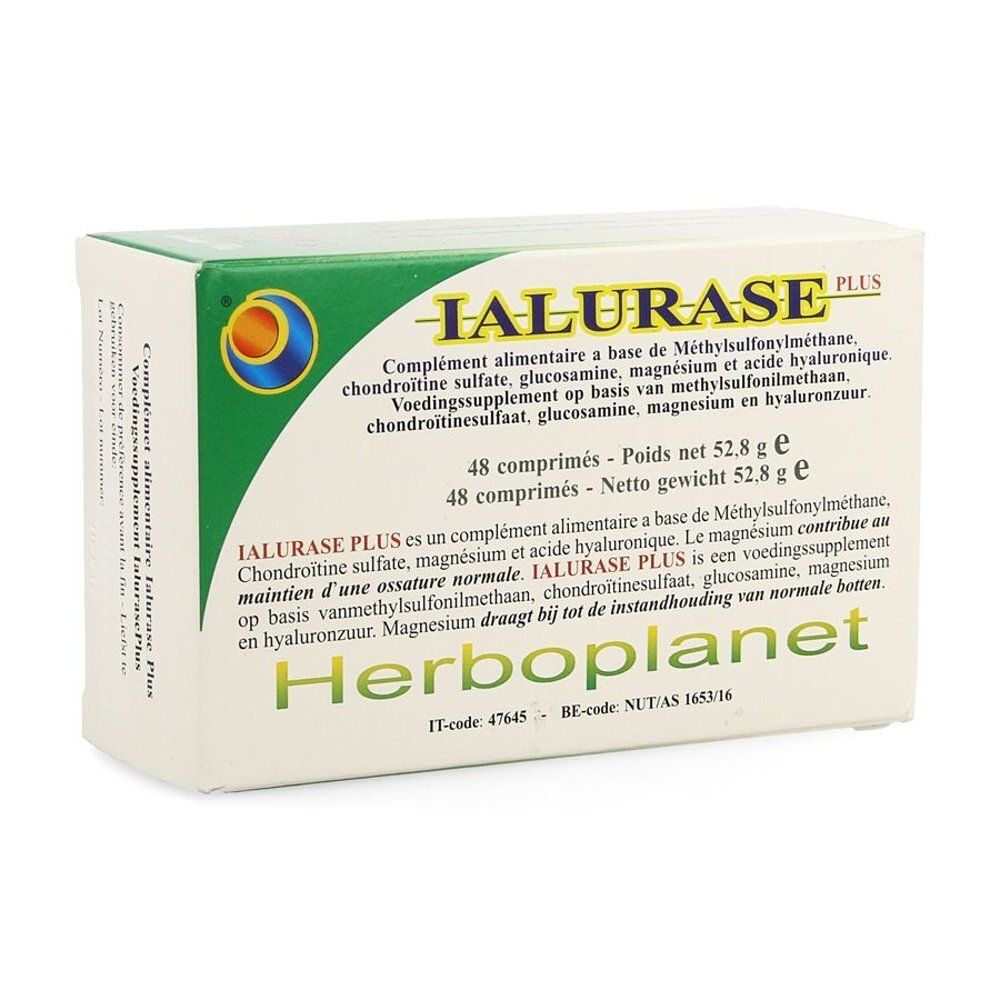 Doosje IALURASE PLUS met 48 tabletten. Merk Herboplanet. Bevat informatie over ingrediënten in het Frans en Nederlands.