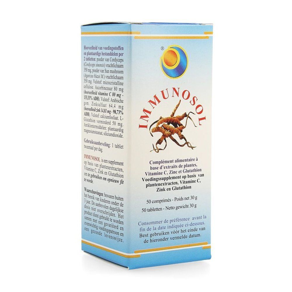 Doos IMMUNOSOL. Bevat 50 tabletten. Opschriften met ingrediënten en gebruiksaanbevelingen. Illustratie van plant.