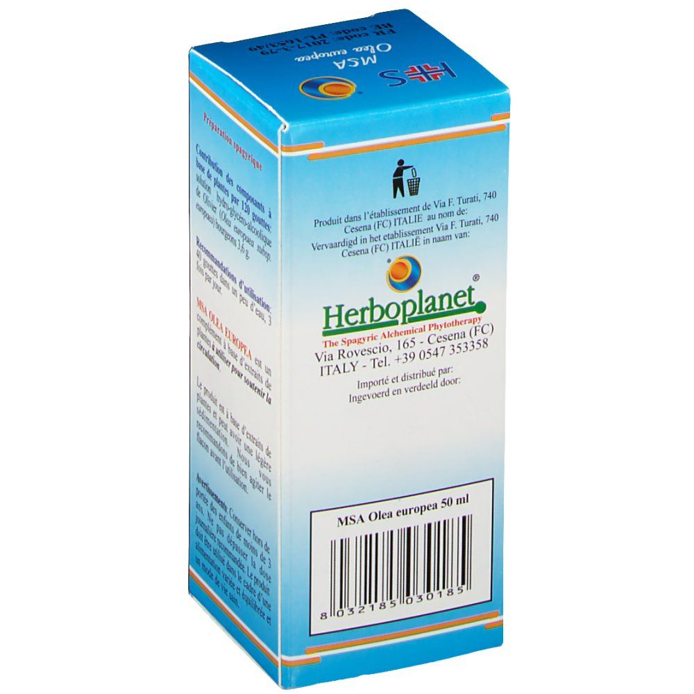 Kartonnen doos MSA Olea europea. Fabrikantinformatie en barcode. Herborplanet logo. Meertalige tekst.