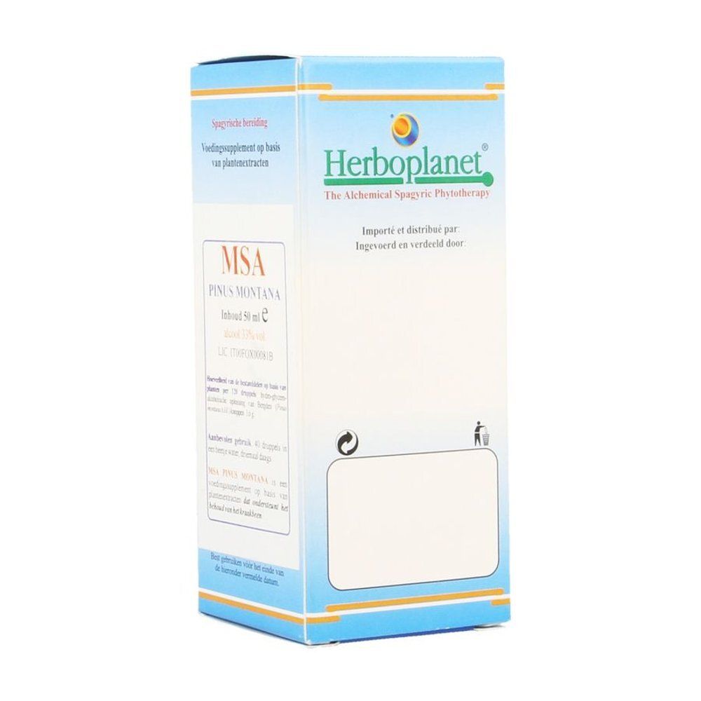 Kartonnen verpakking met productinformatie. Opschrift: Herboplanet, MSA Pinus Montana. Blauwe en witte kleurstelling.