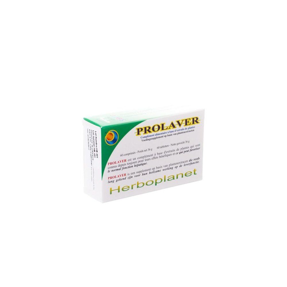 Witte doos met groene accenten. Opschrift PROLAVER en Herboplanet. Tekst in meerdere talen.