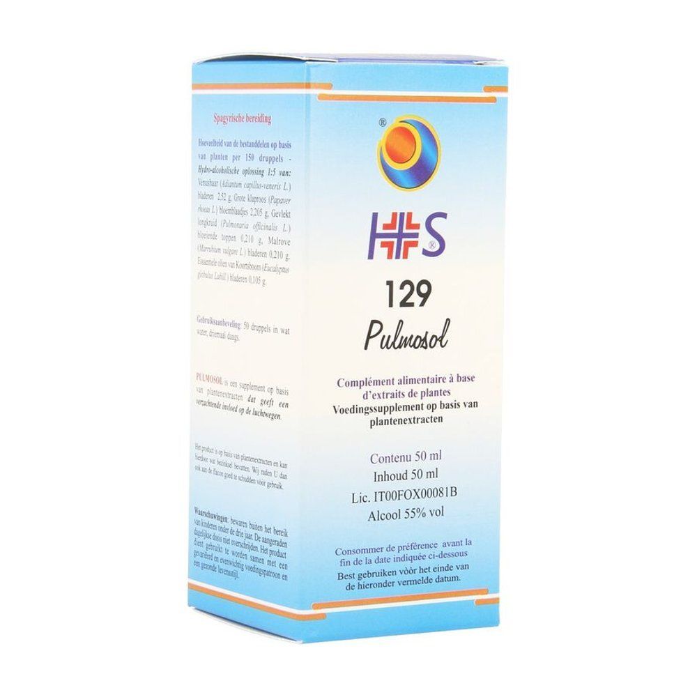 Boîte bleue et blanche avec texte. HFS 129 Pulmosol. Complément alimentaire à base de plantes. Contient 50 ml. Alcool 55% vol.