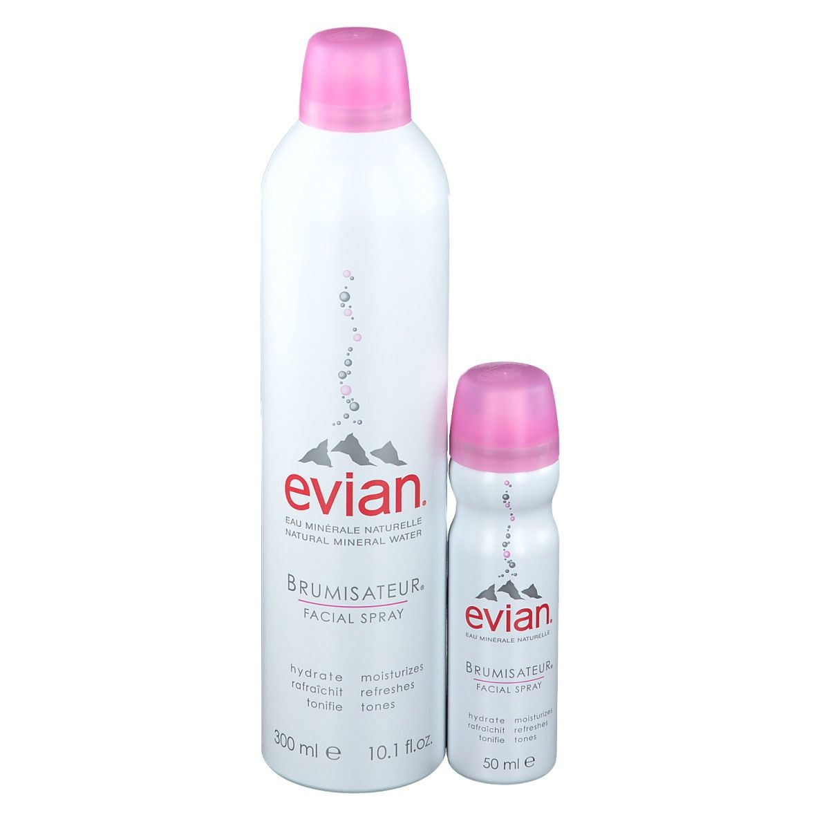 Deux sprays blancs avec bouchons roses. Grand spray : "Evian Brumisateur Facial Spray". Petit spray : "Evian Brumisateur Facial Spray".