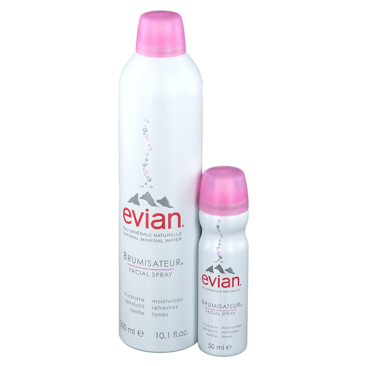Deux sprays blancs avec bouchons roses. Grand spray : "Evian Brumisateur Facial Spray". Petit spray : "Evian Brumisateur Facial Spray".