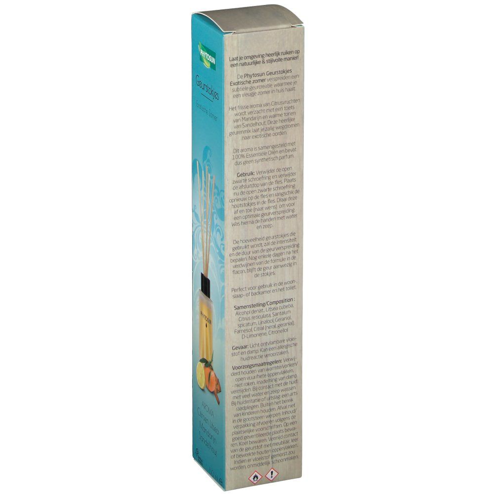Emballage étroit avec texte. Inscription : Phytosun. Texte en plusieurs langues. Illustration de citron, mandarine et bâtonnets.